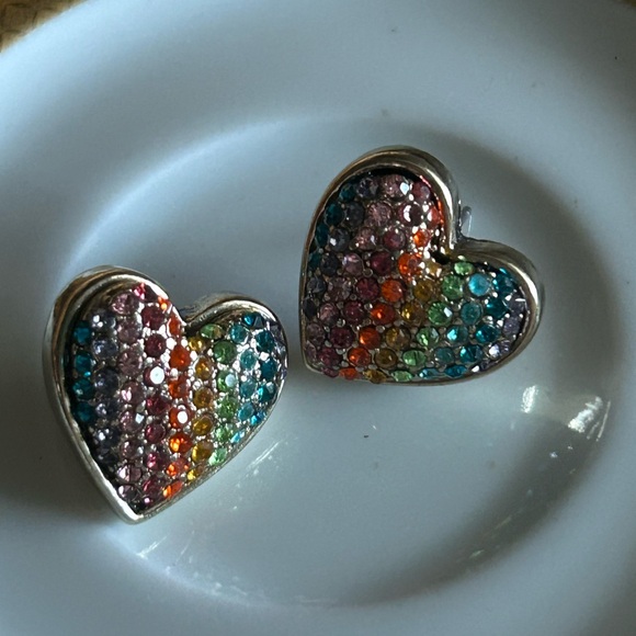 Betsey Johnson Rainbow Connection Pave Heart Stud Earrings - Picture 5 of 8